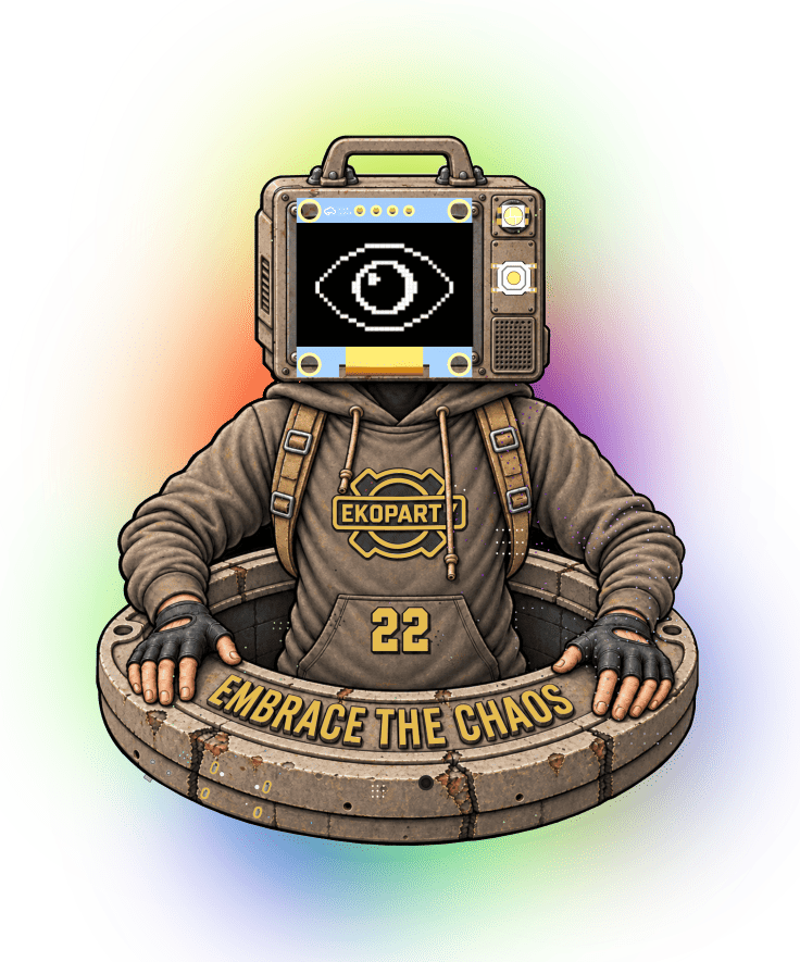 Ilustración del personaje del Ekoparty Badge con pantalla de ojo y colores vivos